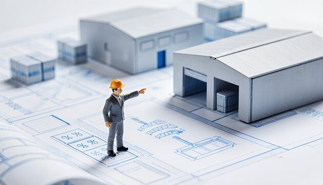 Close-up of miniature construction worker on architectural blueprint scene