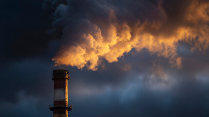 Obraz premium Industrial Chimney Emitting Golden Smoke Against Dramatic Sky