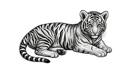 Obraz premium Vintage style line art illustration of a tiger cub lying down