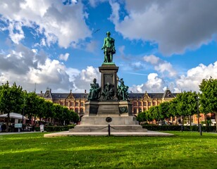 Fototapeta premium Bronze statue on a stone pedestal with a classic building and green landscape