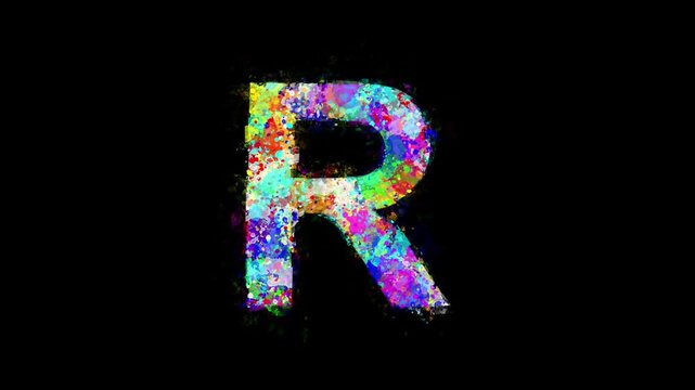 English alphabet R with colorful paint splashes effect on plain black background