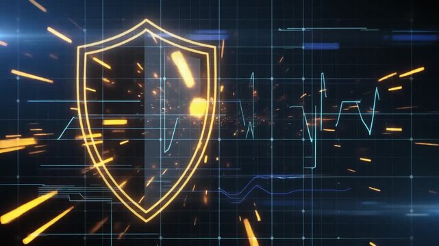 Glowing shield icon with yellow lines on a dark background with grid and graphs