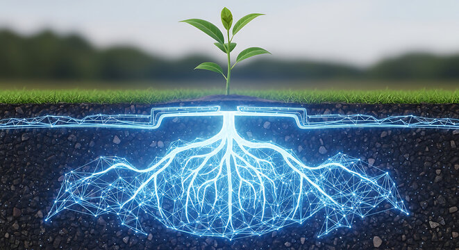 Small plant seedling with glowing blue digital network roots growing in dark soil.