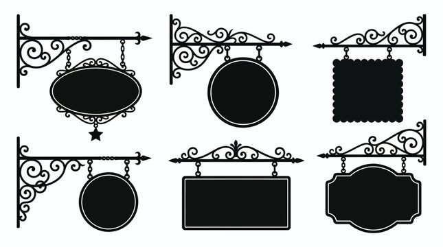 Set of vintage black silhouette hanging signboards with ornate wrought iron brackets and decorative scrolls, providing elegant branding options and illustrating classic shop storefronts