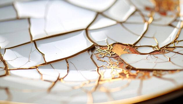 Close up of cracked white surface with golden details and textures