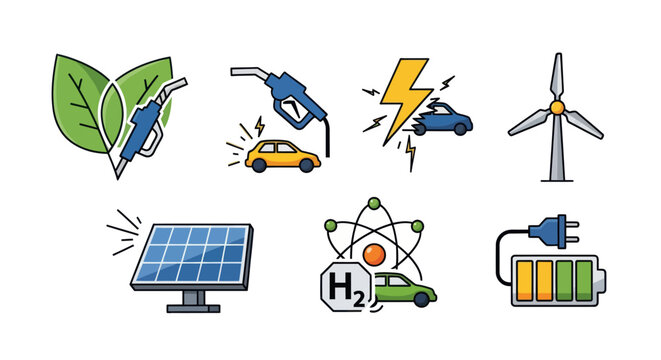 Eco-friendly transportation icons: electric, hybrid, hydrogen, solar, wind energy
