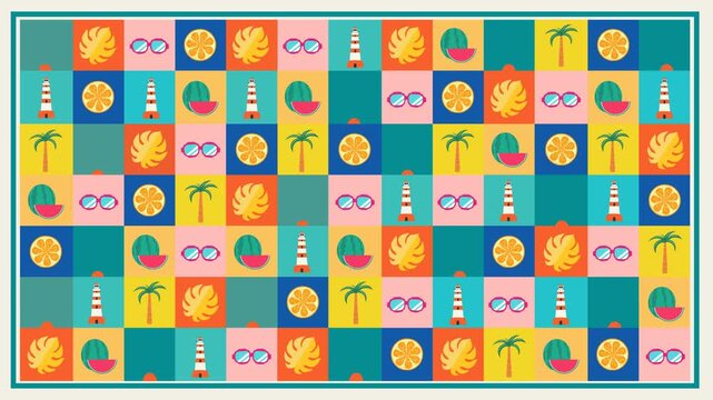 Summer Pattern &ndash; Looping 4K animation of colorful tiled grid featuring tropical icons like watermelon, sunglasses, palm trees, popsicles, and lighthouses, creating a fun vibrant background for promos.
