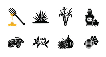 Vegan food icons, plant-based diet symbols, black and white illustrations, 8 editable vector graphics © Bismillah.com