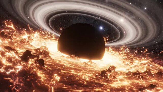 Black Hole with Accretion Disk and Gravitational Lensing - This video shows a stunning view of a black hole in deep space, surrounded by a fiery plasma accretion disk.
