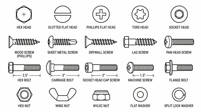 Collection of various industrial fastener types including screws, bolts, nuts and washers with technical labels, illustrating technical hardware specifications, covering construction guides