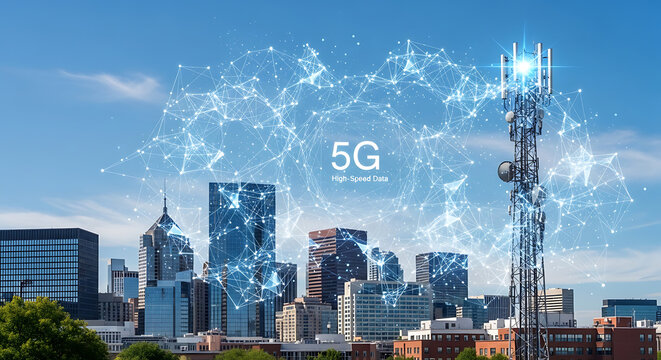 Modern 5G wireless internet network connection signal overlay on urban cityscape skyline under bright sunny clear sky during daytime showcasing high speed smart city technology infrastructure