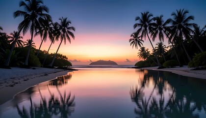 Obraz premium Calm tropical beach with palm silhouette lagoon reflection mirror ocean