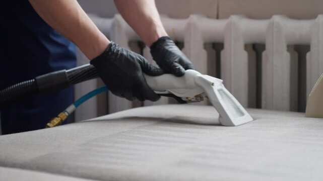 Professional Fabric Stain Removal Process. Man Using Wand To Carefully Remove Stains From Furniture Surface. Detailed Shot Capturing Professional Employing Wand To Clean Upholstery Thoroughly