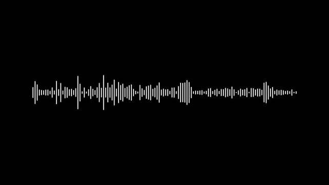 Detailed white line audio wave visualization, audio waveform spectrum on black background, 4k digital voice record animation, futuristic sound frequency for high-quality video overlays