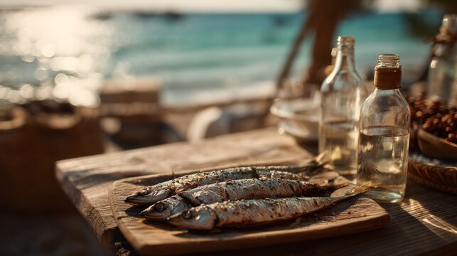 Freshly Grilled Sardines on Wooden Board with Beach Background and Glass Bottles of Oil Capturing Summer Vibes by the Sea
