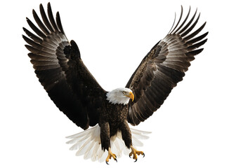 Obraz premium Bald eagle in flight with wings fully spread and talons extended against a solid dark isolated on a transparent background