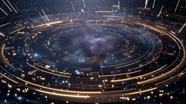 Experience a breathtaking journey through a cinematic, golden-lit digital galaxy where intricate circuitry and cosmic elements converge in a mesmerizing, high-tech display.