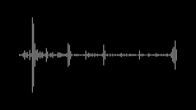 Abstract audio frequency waveform, white sound waves on black background, 4k digital audio visualizer spectrum animation, music equalizer rhythm for creative video production projects