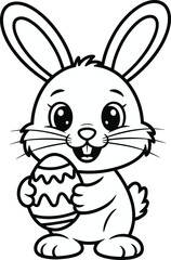 Obraz premium Kawaii Easter Bunny Holding a Zig-Zag Patterned Egg, Hand-Drawn Cartoon Coloring Page for Kids