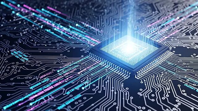 Central processing unit with glowing energy emanating upwards on a circuit board