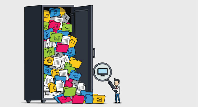 Data Overload Search. Business Information Management. Flat Vector Illustration. Digital Organization Concept.