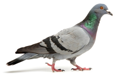 Obraz premium A pigeon standing on a white background showcasing its gray and white feathers with green and purple sheen
