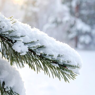 Snowy pine branch in a serene winter landscape