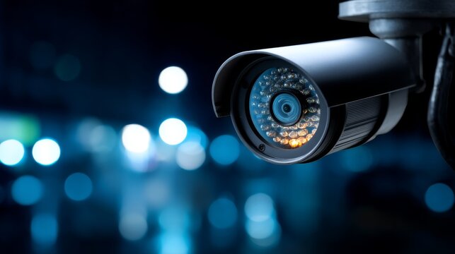 High-tech security camera monitoring urban environment with blurred lights in the background at night, showcasing advanced surveillance technology