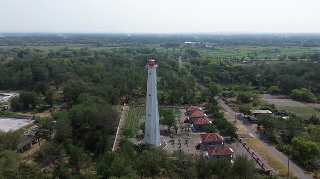 aerial video of lighthouse on the south coast of Java with a blue sea background with big rippling waves