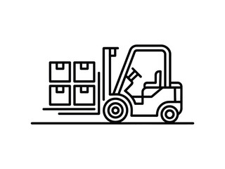 Naklejka premium A black and white line art icon of a forklift carrying a stack of four cardboard shipping boxes
