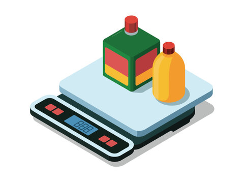 A digital kitchen scale with a green square container and a yellow bottle placed on the platform