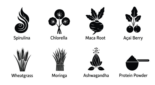 Superfood icons, vegan nutrition symbols, healthy food labels, plant-based diet graphics