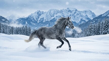 Fototapeta premium Majestic grey horse galloping through deep winter snow with mountains behind, breath visible in icy air, embodying freedom, power and untamed alpine spirit