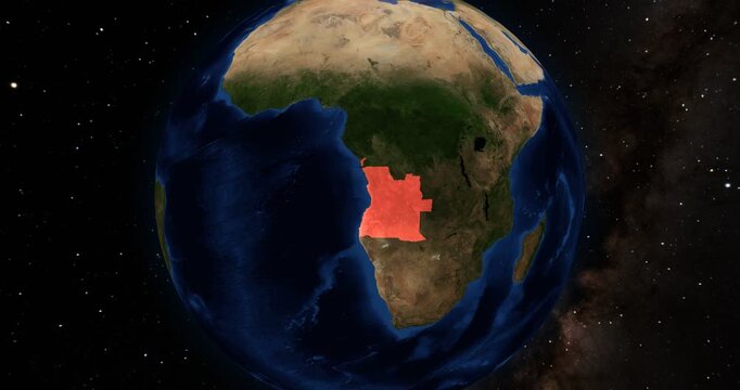 Angola on the Globe. Zoom into the country with the Earth spinning in space. High detail physical world map with Angola on it. Country view animation. Elements of this image furnished by NASA.