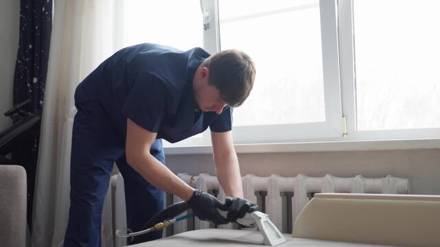 Technician Sanitizes Cushions Meticulously. Bright Apartment Showcases Thorough Upholstery Sanitation Process. Man Effectively Deep Cleans Sofa Cushions Utilizing Steam Technology And Wand
