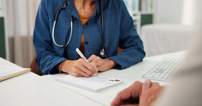 Hands, person and doctor writing in office for checkup, prescription script and referral letter. Healthcare worker, patient and consultation notes for medical record, diagnosis and treatment progress