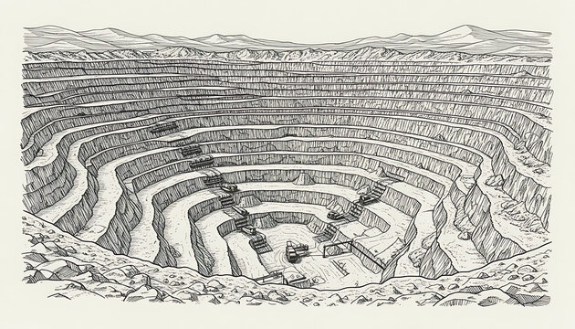 Detailed black and white ink illustration of a massive open pit mine showing Terraced levels and heavy machinery work