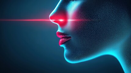 Obraz premium A futuristic digital profile of a human face with glowing blue contours and a red laser beam scanning the nose.