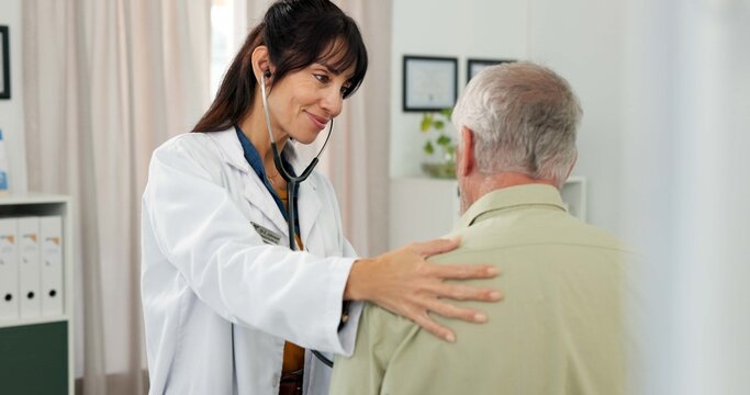 Woman, doctor and heart beat with senior patient for healthcare checkup or visit in hospital. Female person, health worker or cardiologist listening with stethoscope for elderly client or examination