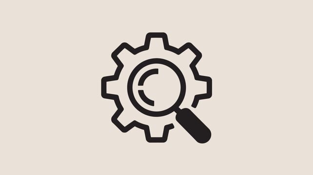 A simple black icon of a gear with a magnifying glass on a beige background, representing search and optimization.