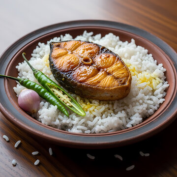 Grilled hilsa fish with rice and herbs for Bengali New Year celebration