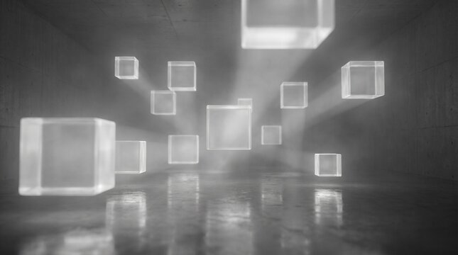 Illusion of glass abstrak boxes floating in a dark, misty, industrial-like chamber with light beams piercing through