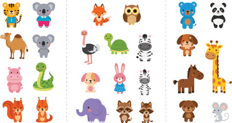 Fototapeta premium Collection of Cute Cartoon Animals for Kids Illustrations, Icon Set Featuring Zoo, Farm, and Wild Animals