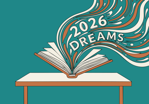 Open book with 2026 Dreams. Future aspirations illustration. Flat graphic style. Clean surface. New year planning.