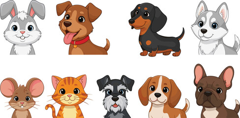 Obraz premium Cartoon Pet Set Featuring Cute Dogs, Cats, Rabbits, and Mice for Animal Lovers and Kids' Illustrations