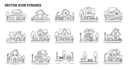 Naklejka premium Set of Vector House Icons, Line Art Buildings, Residential Property Collection