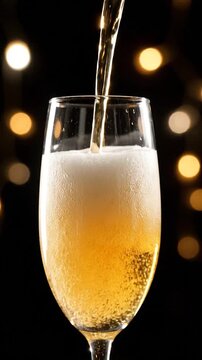 Golden bubbly liquid is poured into a clear glass with bokeh lights