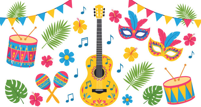 Colorful festive carnival elements set with guitar drums masks flowers tropical party vector