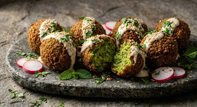 Crispy falafel balls with tahini sauce and mint on stone platter, Middle Eastern food