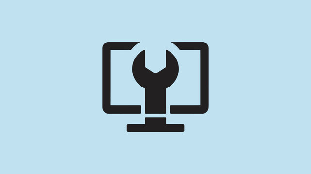 A black icon of a wrench on a computer monitor on a light blue background